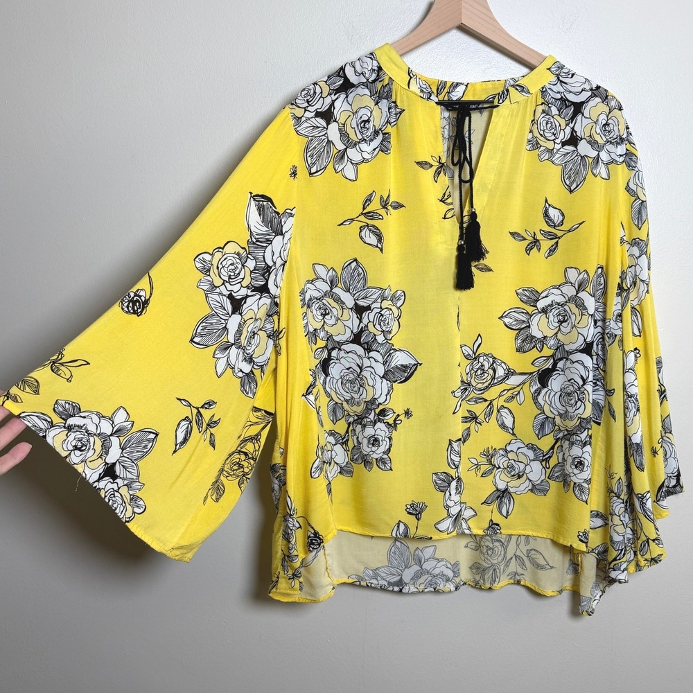 Unique Spectrum Womens Blouse 3X Yellow Floral Tassel Bell Sleeve Office Cottage